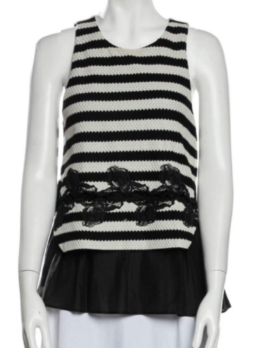 Thakoon Black Beige Stripe Lace Mixed Media Flounce Ruffle Hem Sleeveless Top 2